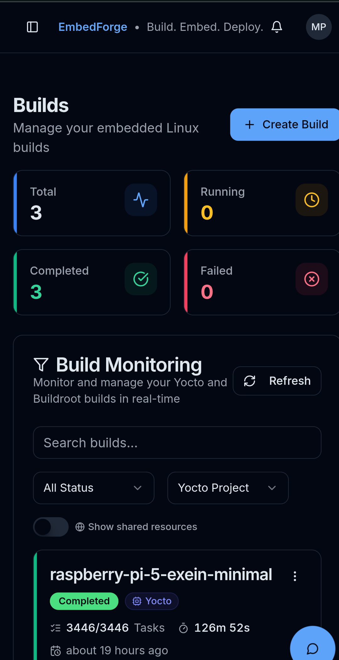 EmbedForge Console - Builds on mobile