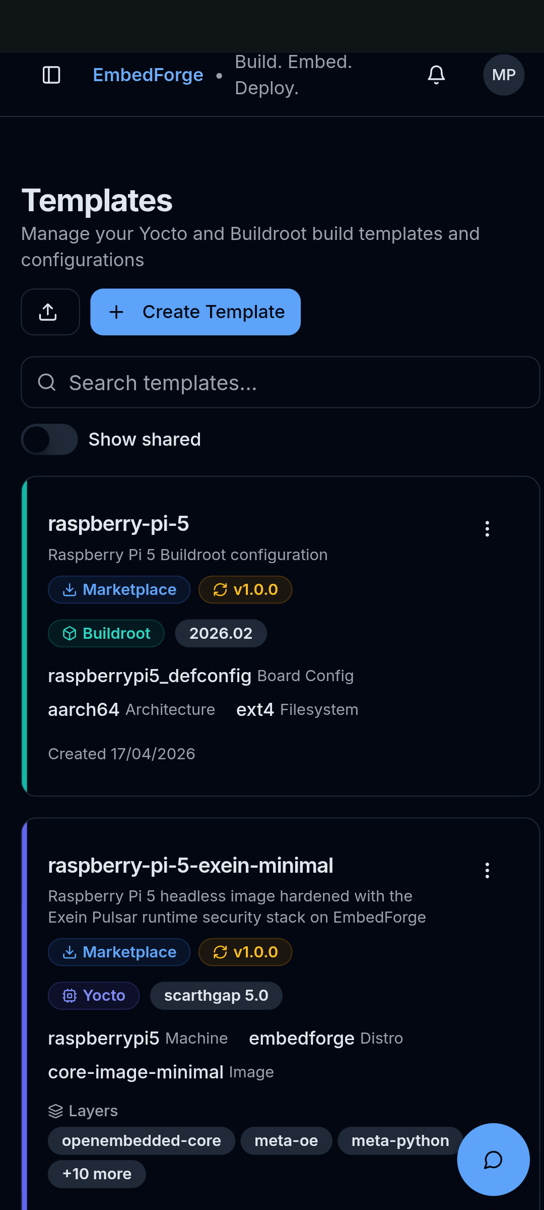 EmbedForge Console - Templates on mobile